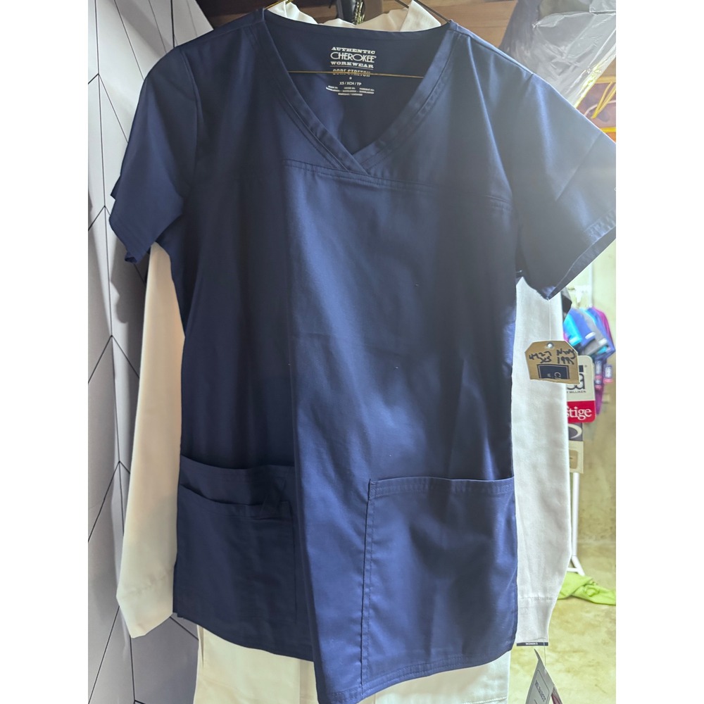 Cherokee Workwear Core Stretch Scrub Top Navy Blue V-Neck 4727 Womens XS NWT